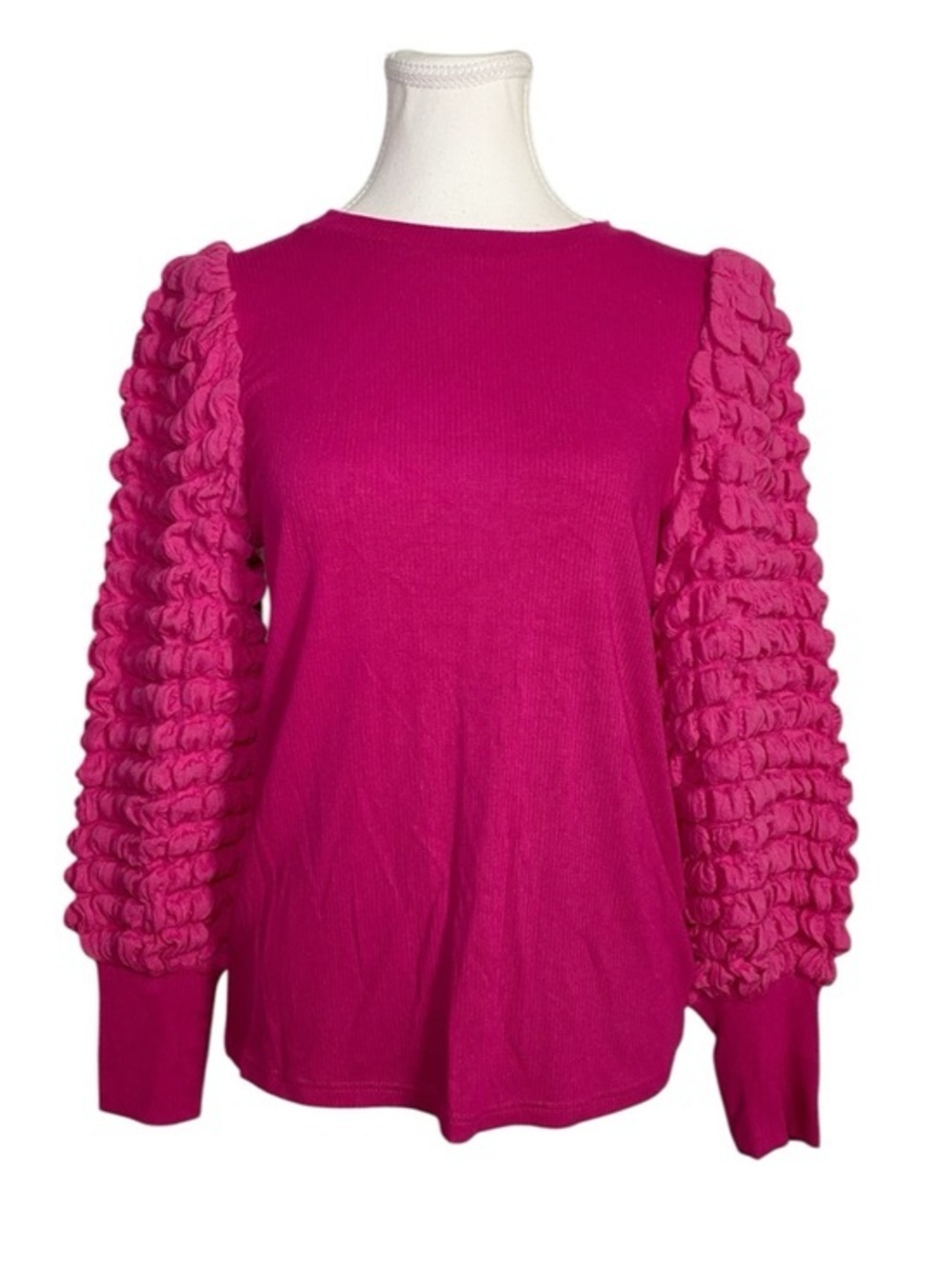 JODIFL Fuchsia Pink Popcorn Statement Sleeve Ribbed Top NWT Y2K Retro